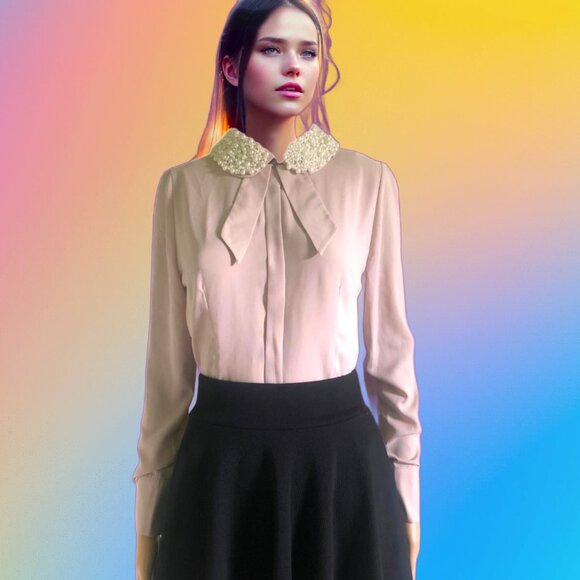 Miss REBECCA Collection Refined Pearl Embellished Collar Beige Pink Blouse Sz XS - Picture 1 of 5